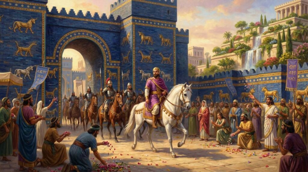 Ciro, o Grande, entrando na Babilônia pelo Portão de Ishtar em 539 a.C., sendo recebido como um libertador pela população.