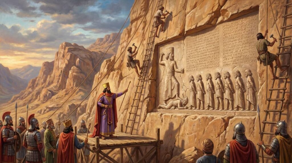  Dario I supervisionando a gravação da Inscrição de Behistun em um penhasco, um monumento trilingue que foi a chave para decifrar a escrita cuneiforme.