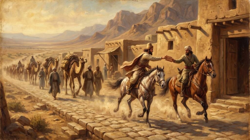 Mensageiro persa a cavalo galopando pela Estrada Real, uma maravilha da engenharia que conectava o Império Persa de Susa a Sardes.