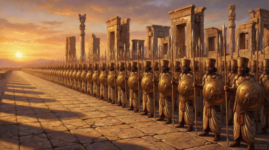 Os 10.000 Imortais, a guarda de elite do exército do Império Persa, em formação de batalha com lanças e escudos dourados.