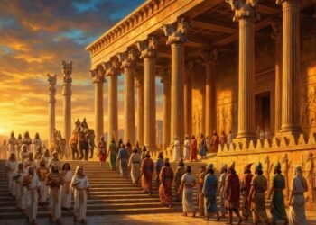 Vista panorâmica de Persépolis ao pôr do sol, com delegações de diversas nações subindo a escadaria da Apadana, representando a diversidade do Império Persa.