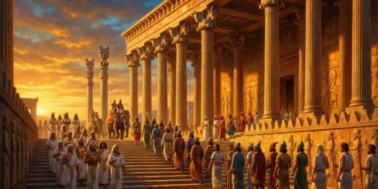 Vista panorâmica de Persépolis ao pôr do sol, com delegações de diversas nações subindo a escadaria da Apadana, representando a diversidade do Império Persa.