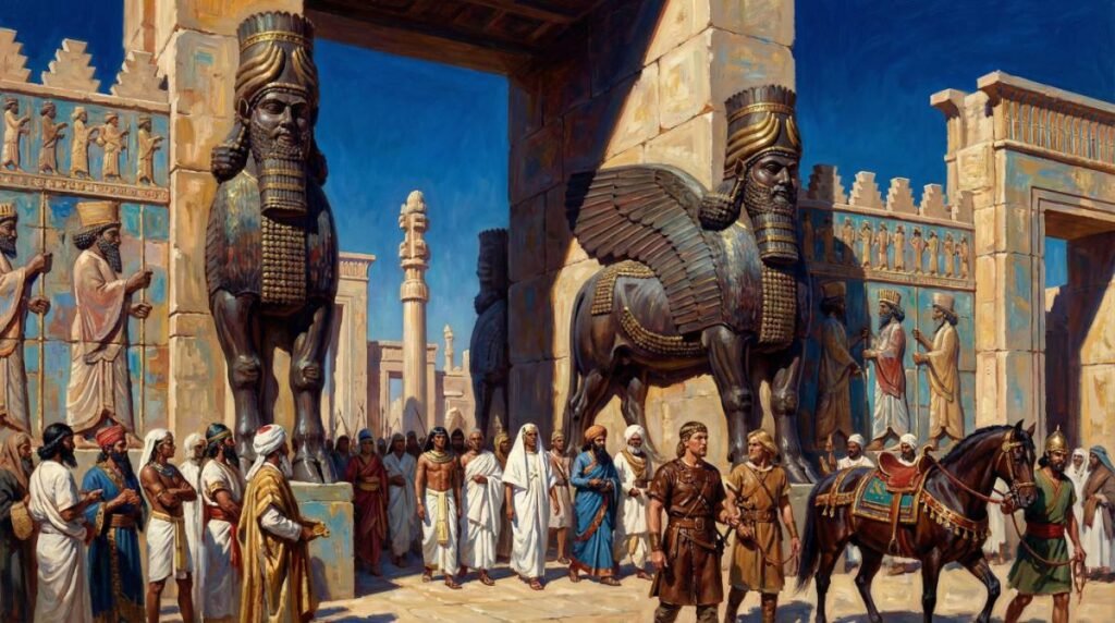 O Portão de Todas as Nações em Persépolis, com seus colossais lamassus (touros alados) e delegações de todo o Império Persa passando por ele.