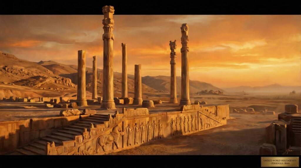 As ruínas de Persépolis ao pôr do sol, com as colunas da Apadana ainda de pé, simbolizando o legado duradouro do Império Persa.