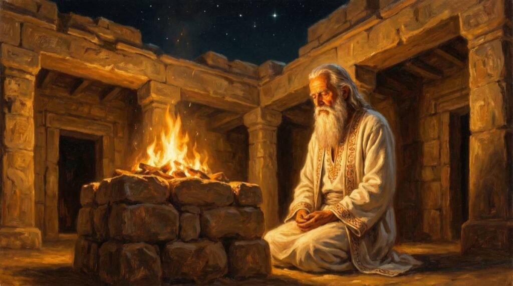 O profeta Zaratustra meditando diante de um altar de fogo sagrado, representando a fundação da religião monoteísta do Zoroastrismo no Império Persa.