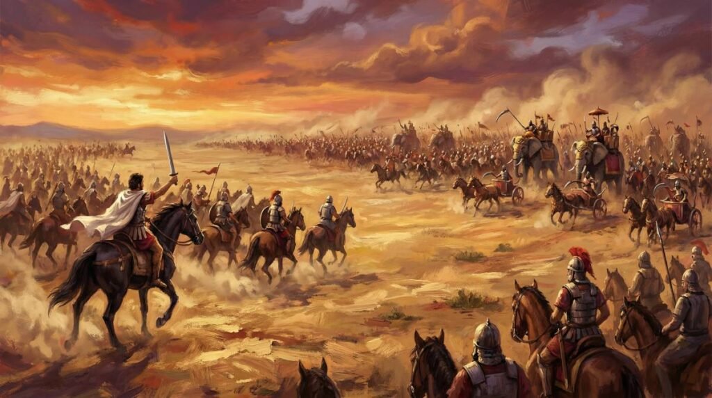 Alexandre, o Grande, liderando sua cavalaria em uma carga decisiva contra o Rei Dario III do Império Persa na Batalha de Gaugamela em 331 a.C.