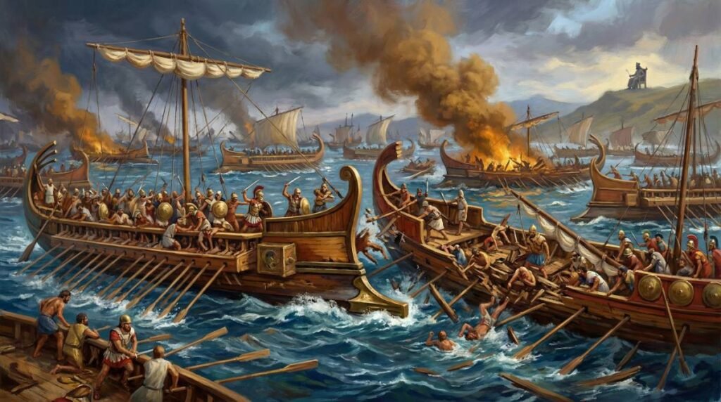 A Batalha naval de Salamina, com a frota grega destruindo os navios do Império Persa no estreito, enquanto o Rei Xerxes observa de seu trono.