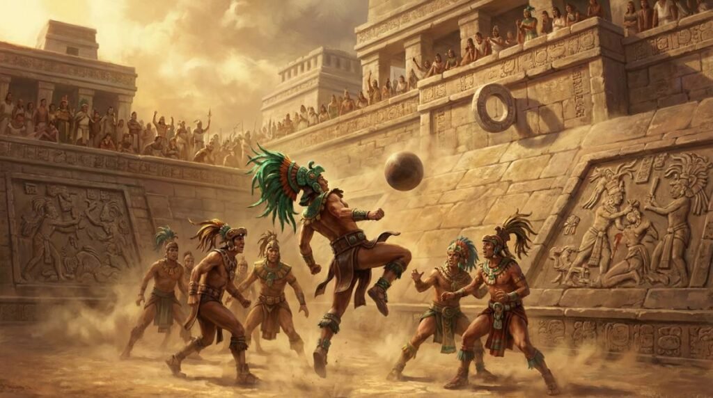 Jogadores maias em ação durante o pitz, o jogo de bola ritual mesoamericano, em um campo de pedra.