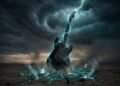 O poder primordial do som: uma guitarra elétrica como um para-raios, canalizando a energia de uma tempestade para a terra.