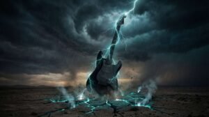 O poder primordial do som: uma guitarra elétrica como um para-raios, canalizando a energia de uma tempestade para a terra.
