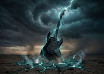 O poder primordial do som: uma guitarra elétrica como um para-raios, canalizando a energia de uma tempestade para a terra.