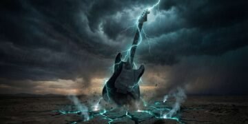 O poder primordial do som: uma guitarra elétrica como um para-raios, canalizando a energia de uma tempestade para a terra.