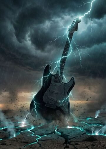 O poder primordial do som: uma guitarra elétrica como um para-raios, canalizando a energia de uma tempestade para a terra.