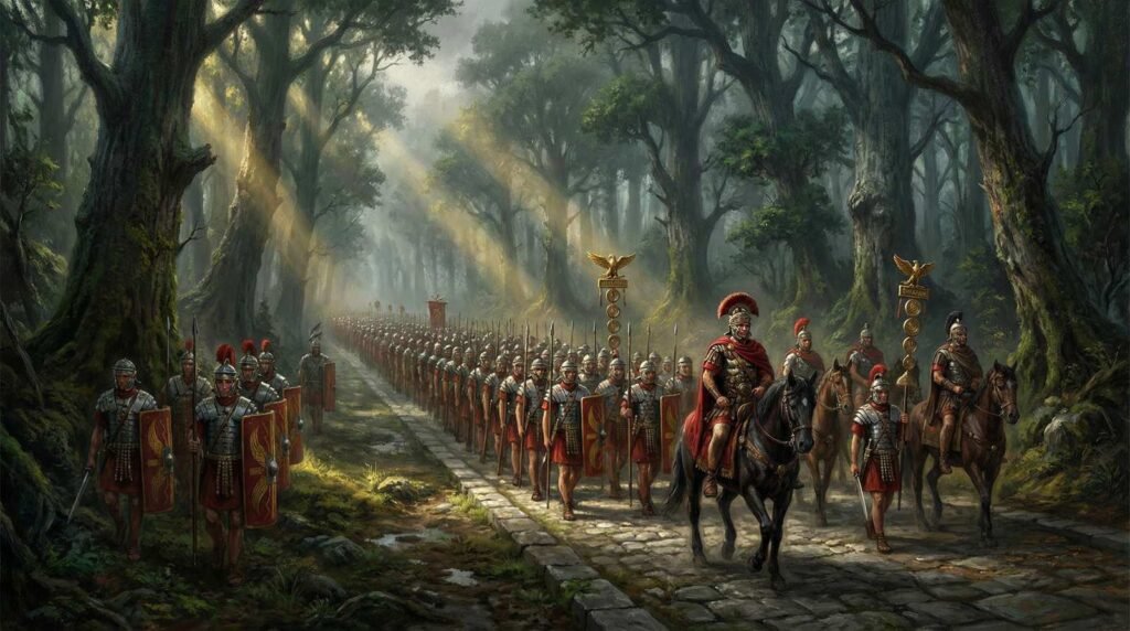 Uma legião romana marchando em formação perfeita através de uma floresta na Germânia.