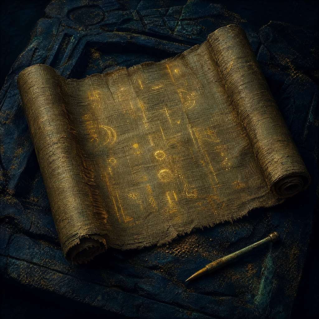 Papiro egípcio antigo com hieróglifos dourados brilhantes sobre um altar de pedra escura, simbolizando o Livro dos Mortos.