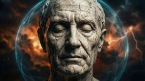 Banner do livro Meditações de Marco Aurélio, mostrando uma estátua de um filósofo com um cérebro brilhante, com o texto: Forje uma Mente Inabalável.