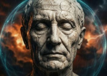 Banner do livro Meditações de Marco Aurélio, mostrando uma estátua de um filósofo com um cérebro brilhante, com o texto: Forje uma Mente Inabalável.