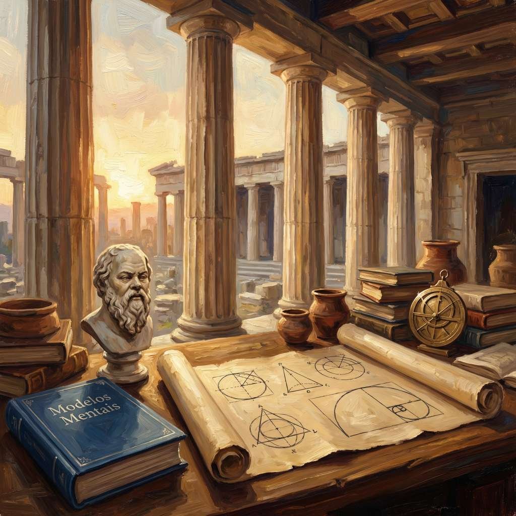 Escrivaninha na Ágora de Atenas com um busto de Sócrates, pergaminhos de geometria e o livro "Modelos Mentais", conectando a filosofia grega à arte de pensar claramente.