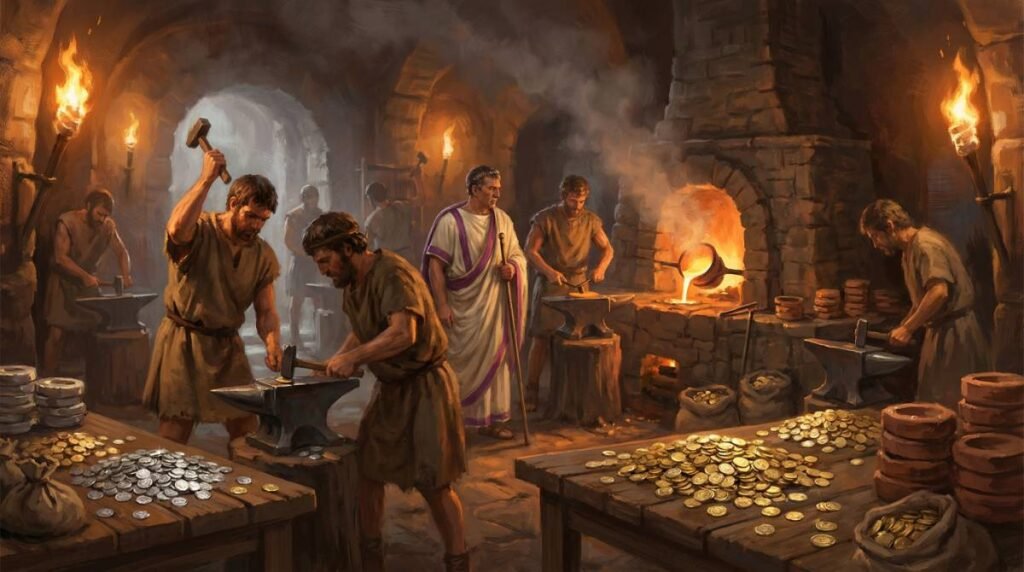 Interior da Casa da Moeda romana, com artesãos cunhando moedas de ouro e prata.