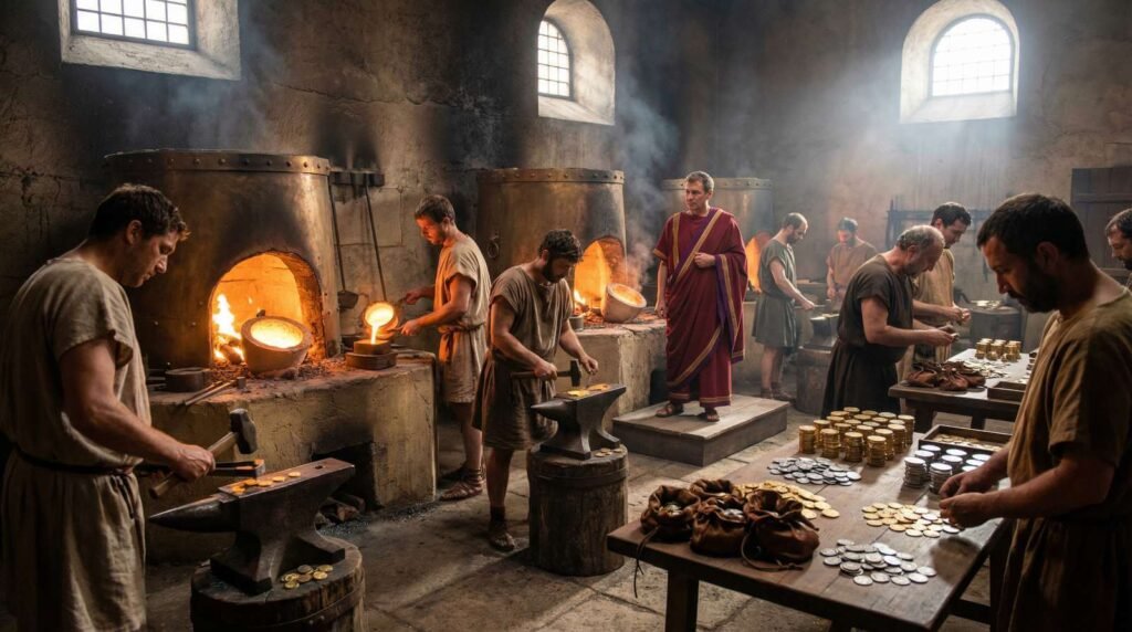 Interior da Casa da Moeda romana, com artesãos cunhando moedas de ouro e prata.