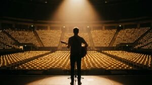 Banner do livro O Contador de Histórias de Dave Grohl, mostrando um microfone vintage com uma luz quente, com o texto: Uma Vida de Rock, Resiliência e Paixão.