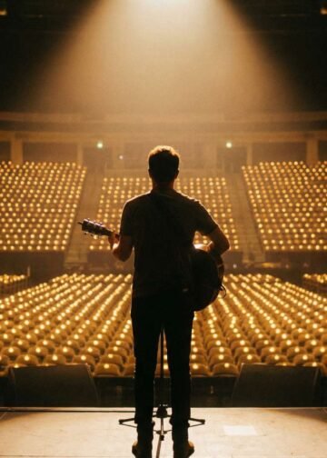 Banner do livro O Contador de Histórias de Dave Grohl, mostrando um microfone vintage com uma luz quente, com o texto: Uma Vida de Rock, Resiliência e Paixão.