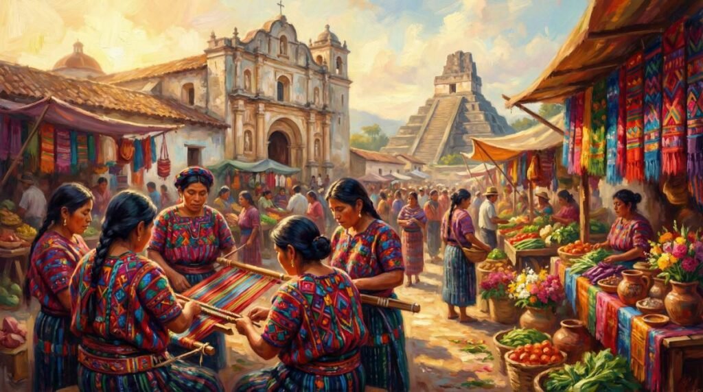 Mulheres maias tecendo em um mercado na Guatemala, mostrando a continuidade da cultura maia hoje.