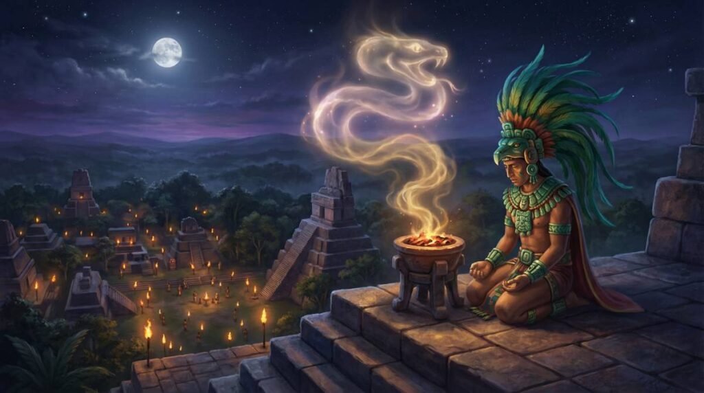 Um rei maia (k'uhul ajaw) realiza um ritual de sangria sob a lua cheia, oferecendo seu sangue aos deuses.