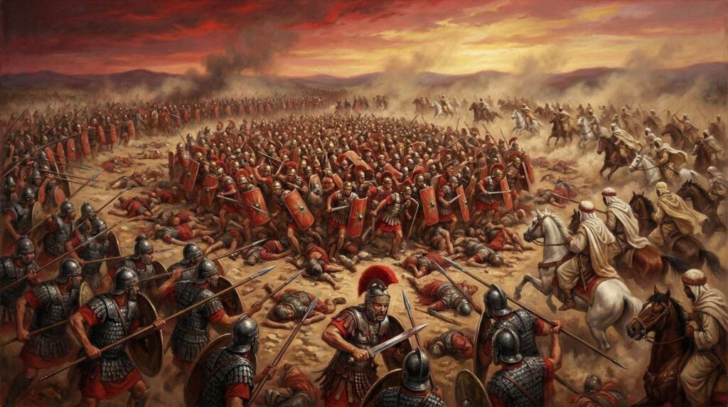 A Batalha de Canas, com o exército cartaginês de Aníbal cercando as legiões romanas.