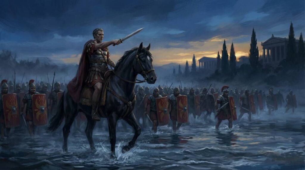 Júlio César e sua legião cruzando o rio Rubicão, desafiando o Senado Romano.