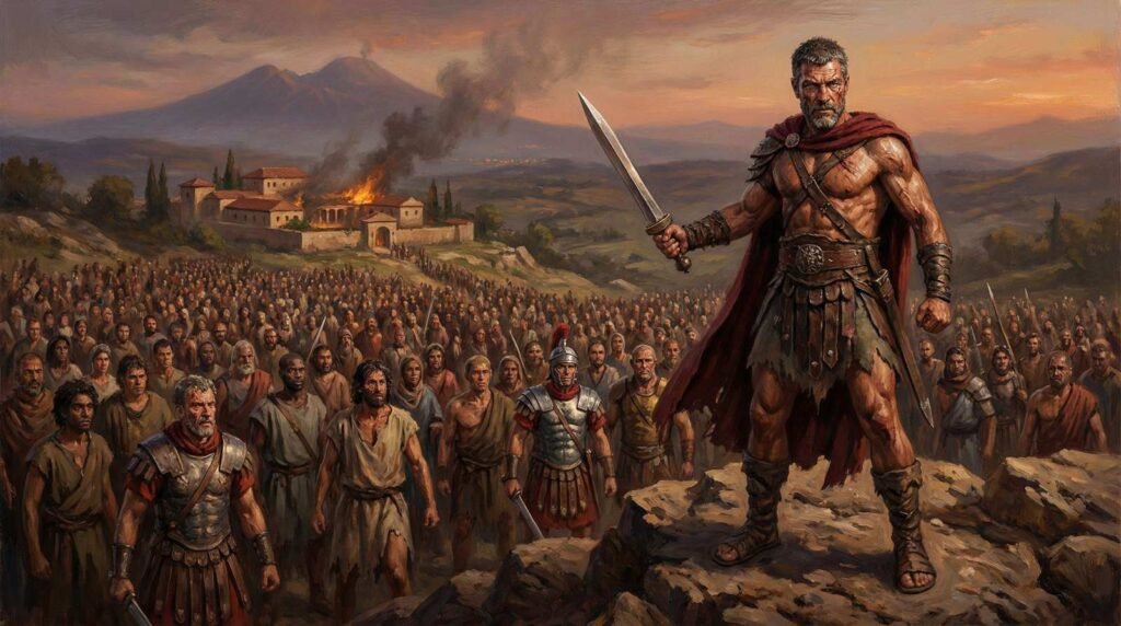 Espártaco liderando a revolta dos escravos contra a República Romana.