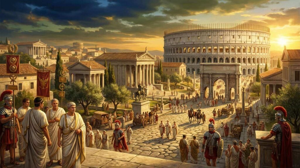 Ilustração épica representando a História de Roma. Panorâmica cinematográfica de Roma Antiga em seu apogeu, com o Fórum e o Coliseu.