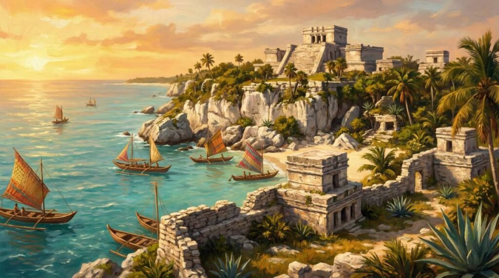 As ruínas da cidade portuária maia de Tulum, com vista para o Mar do Caribe.
