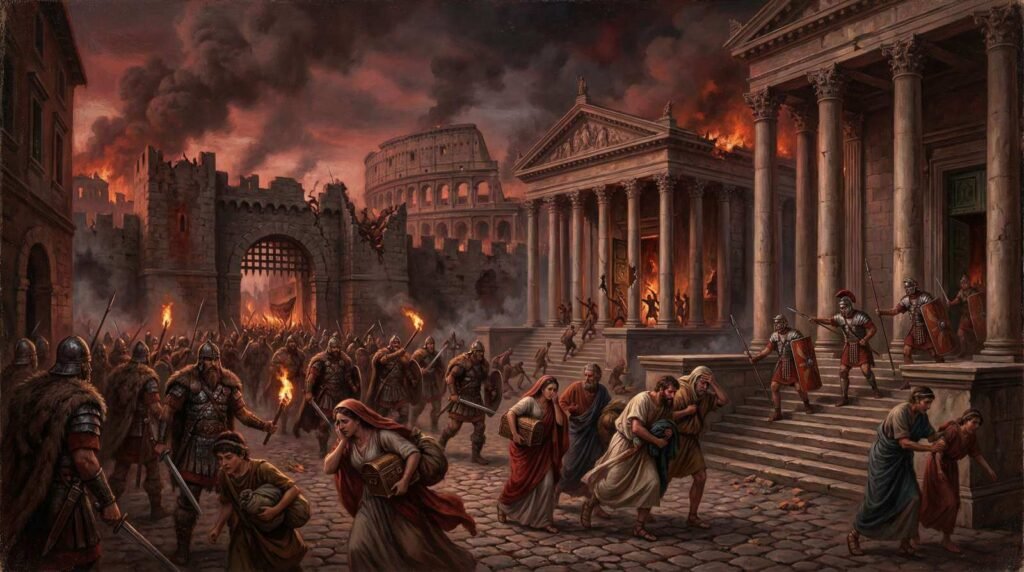 O Saque de Roma pelos Visigodos em 410 d.C., mostrando a cidade em chamas.