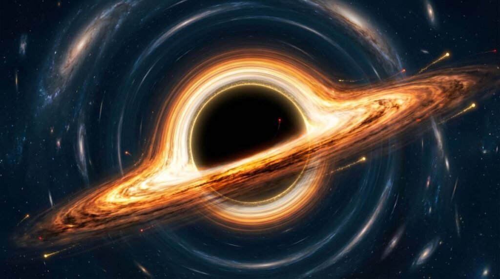 Um buraco negro supermassivo com um disco de acreção brilhante, emitindo partículas douradas sutis a partir do seu horizonte de eventos.