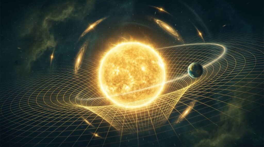 Representação conceitual de uma estrela massiva curvando a grade luminosa do espaço-tempo, com um planeta orbitando ao seu redor.