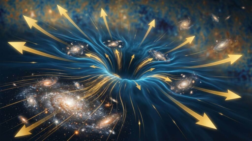 Aglomerados de galáxias sendo empurrados para longe uns dos outros por setas douradas de energia, ilustrando a expansão acelerada do universo.