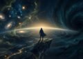 Ilustração cinematográfica sobre os mistérios do universo. Uma figura humana à beira de um penhasco cósmico, observando a vastidão do universo, galáxias e a escuridão da matéria escura.