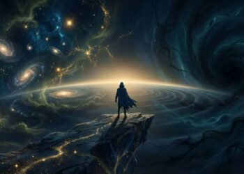 Ilustração cinematográfica sobre os mistérios do universo. Uma figura humana à beira de um penhasco cósmico, observando a vastidão do universo, galáxias e a escuridão da matéria escura.