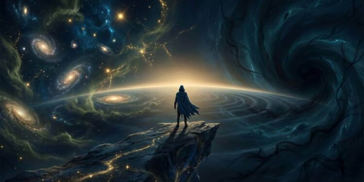 Ilustração cinematográfica sobre os mistérios do universo. Uma figura humana à beira de um penhasco cósmico, observando a vastidão do universo, galáxias e a escuridão da matéria escura.