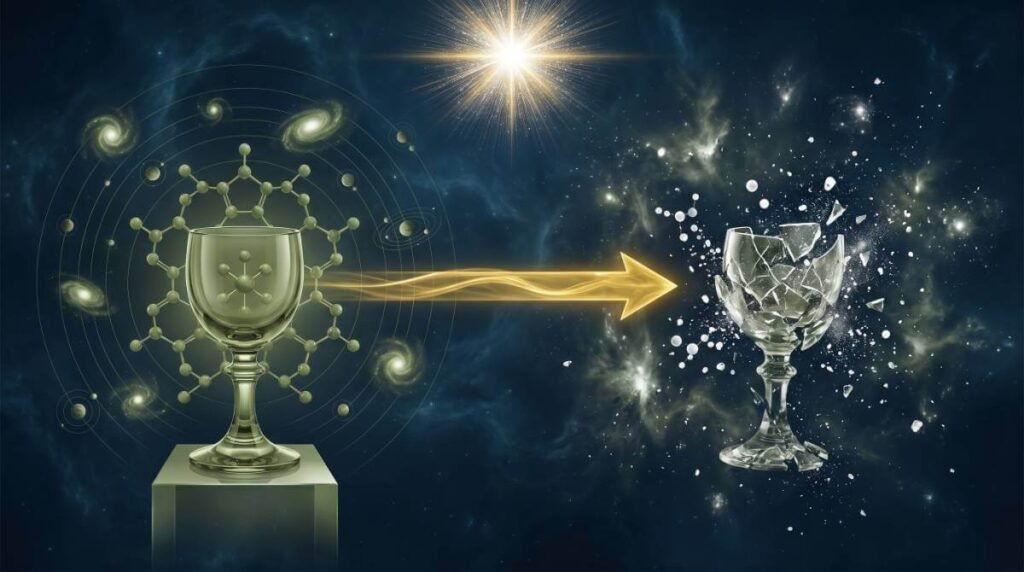 Imagem conceitual dividida ao meio: à esquerda, uma taça de cristal perfeita e ordem; à direita, a taça estilhaçada e o caos, separados por uma seta dourada do tempo.