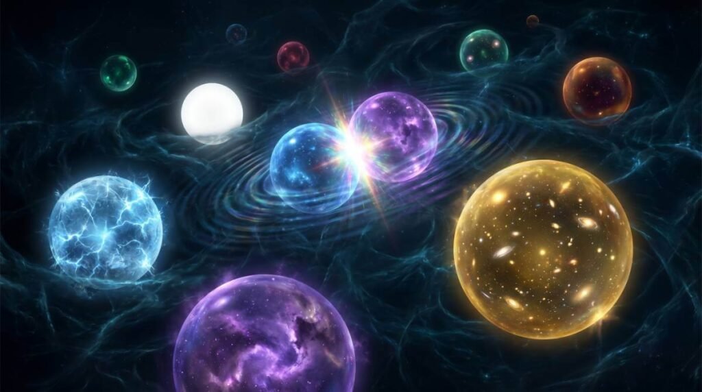 Múltiplas esferas brilhantes de diferentes cores flutuando em um vasto oceano quântico escuro, representando diferentes universos no multiverso.