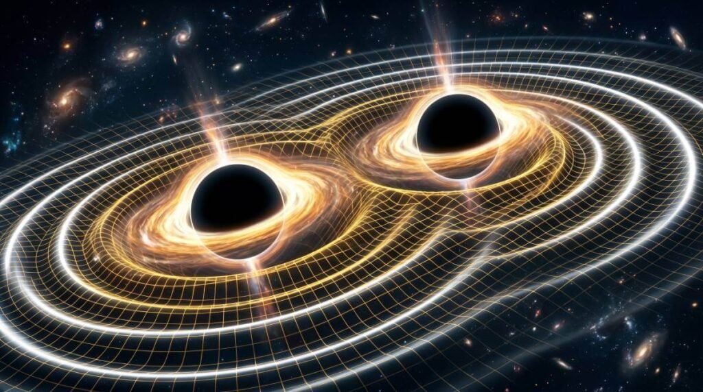 A colisão de buracos negros, um dos maiores mistérios do universo, gerando ondas gravitacionais no espaço-tempo.