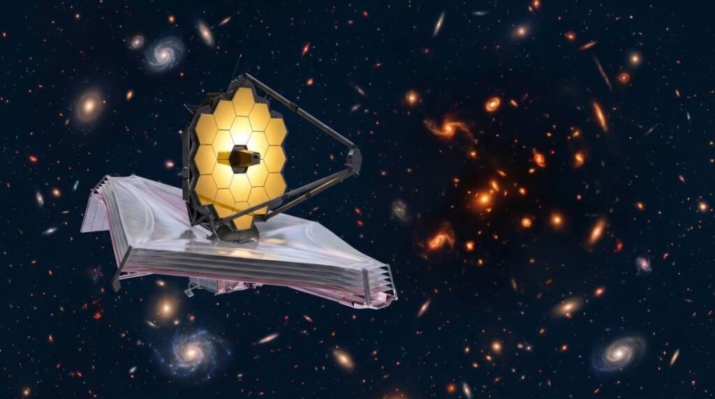 O Telescópio Espacial James Webb com seus espelhos dourados hexagonais, flutuando no espaço profundo e observando galáxias distantes.