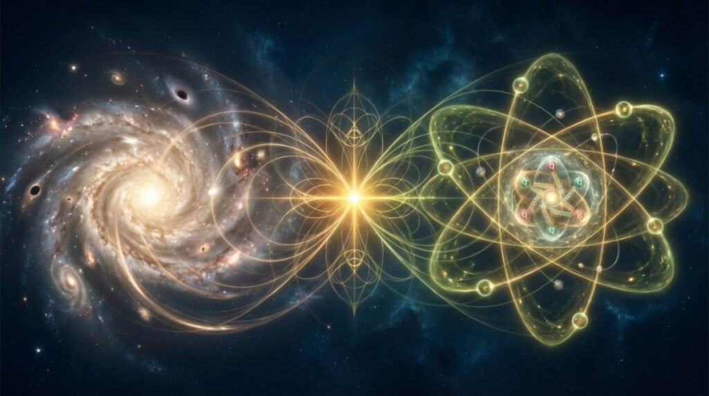 Visualização abstrata unindo a malha curva do espaço-tempo com partículas quânticas vibrantes e cordas de energia luminosa.