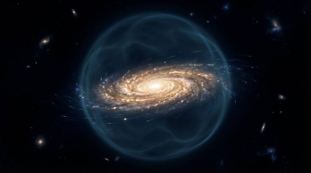 Uma galáxia espiral brilhante cercada por um vasto e fantasmagórico halo azul translúcido representando a matéria escura.