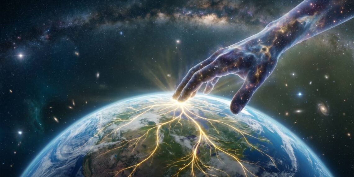 Banner do livro Cosmos de Carl Sagan, mostrando uma mão de poeira estelar tocando o planeta Terra.