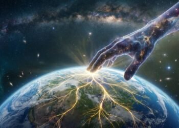 Banner do livro Cosmos de Carl Sagan, mostrando uma mão de poeira estelar tocando o planeta Terra.