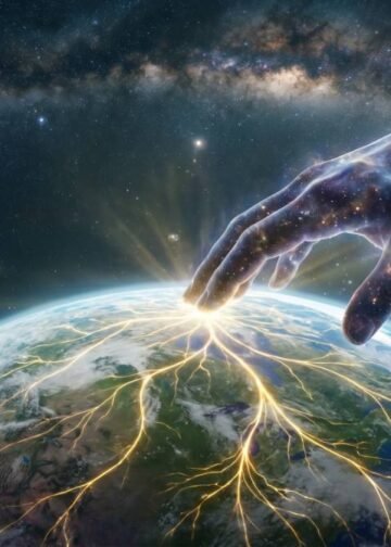 Banner do livro Cosmos de Carl Sagan, mostrando uma mão de poeira estelar tocando o planeta Terra.