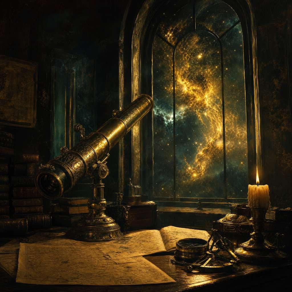 Telescópio de latão antigo sobre uma mesa de carvalho apontando para uma nebulosa dourada.